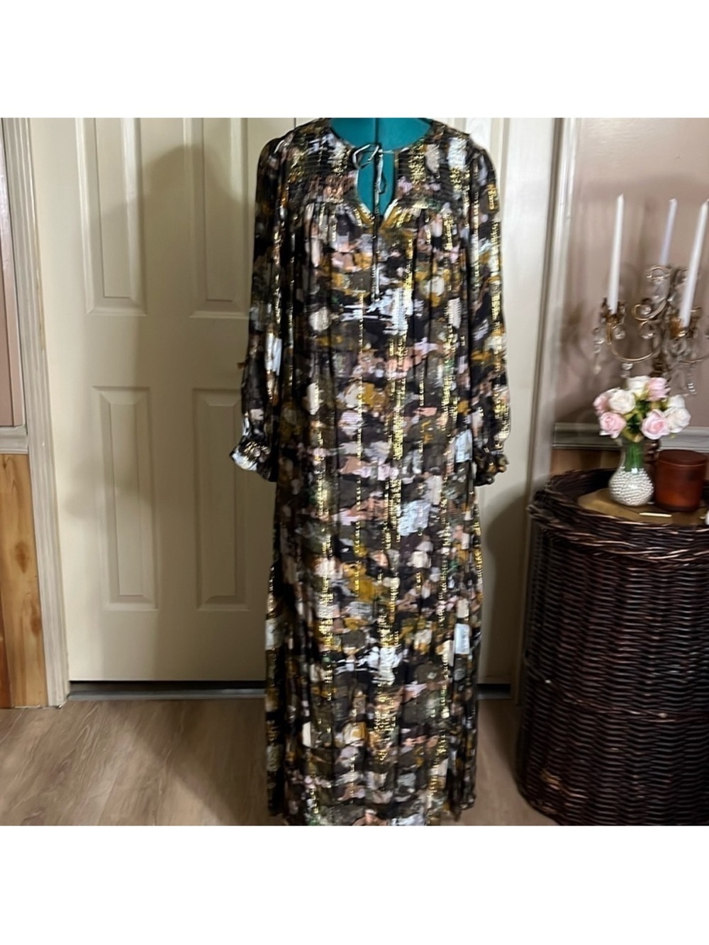 Anthropologie Black/multi colors, gold accents long dress small